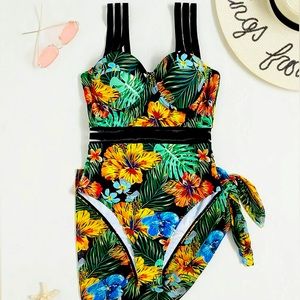 Floral & Tropical Print One Piece Push Up Swimsuit With Beach Skirt